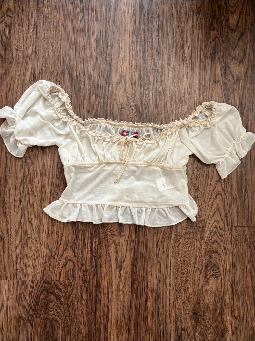 Urban Outfitters UO Rachel Mesh Ruffle Off The Shoulder Crop Top Cream Beige M